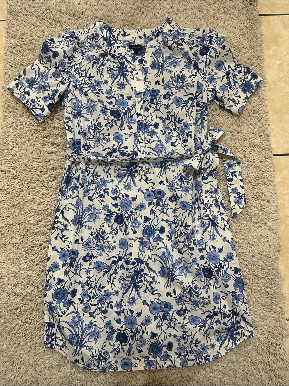 Talbots White and Blue Floral Button-Front Dress